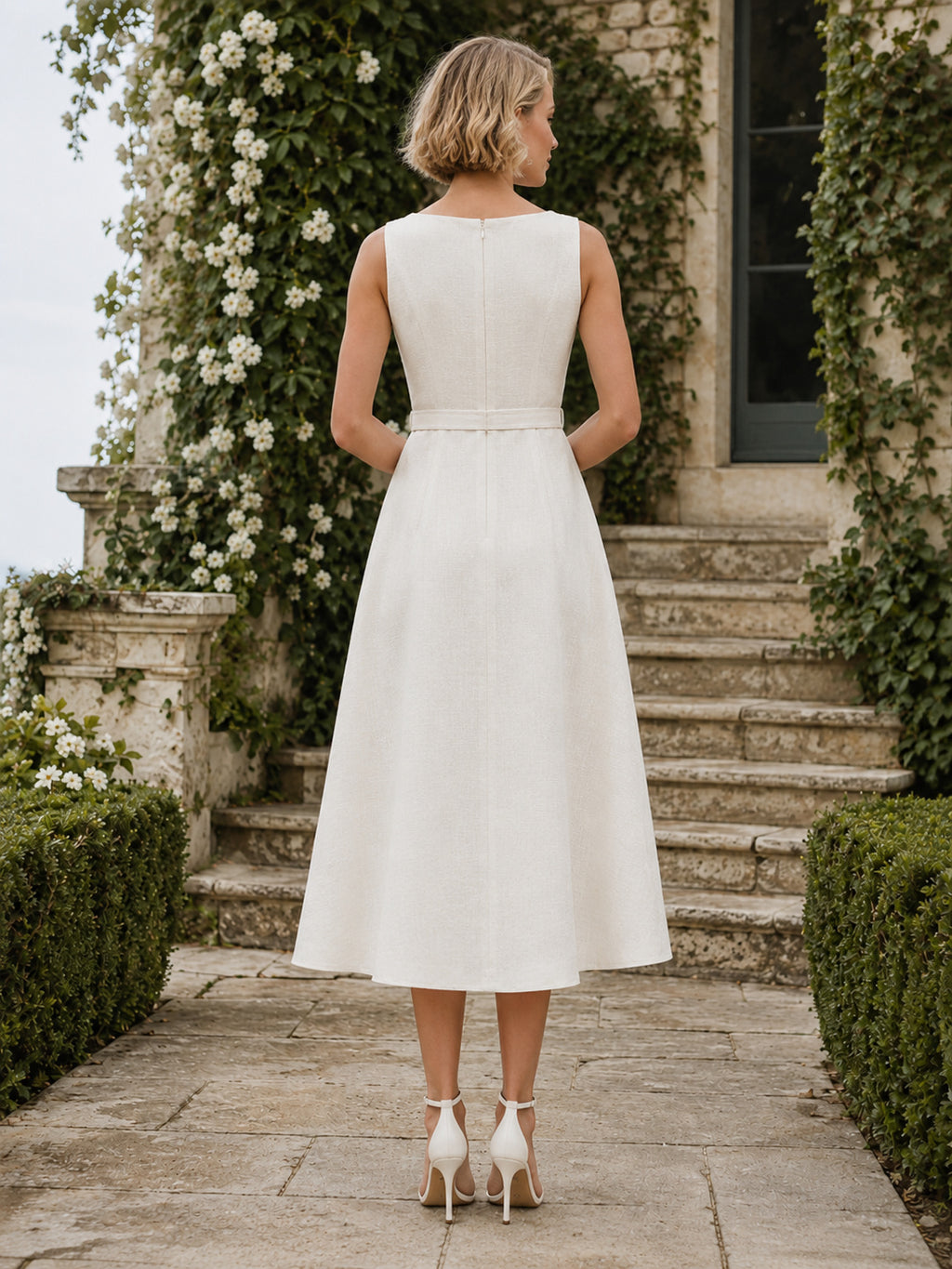 High Neck Sleeveless Tea Length Garden Civil Wedding Dress back view