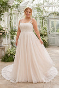 Ivory Plus Size Spaghetti Strap Lace A-Line Wedding Dress with Soft Tulle Skirt and Train front view