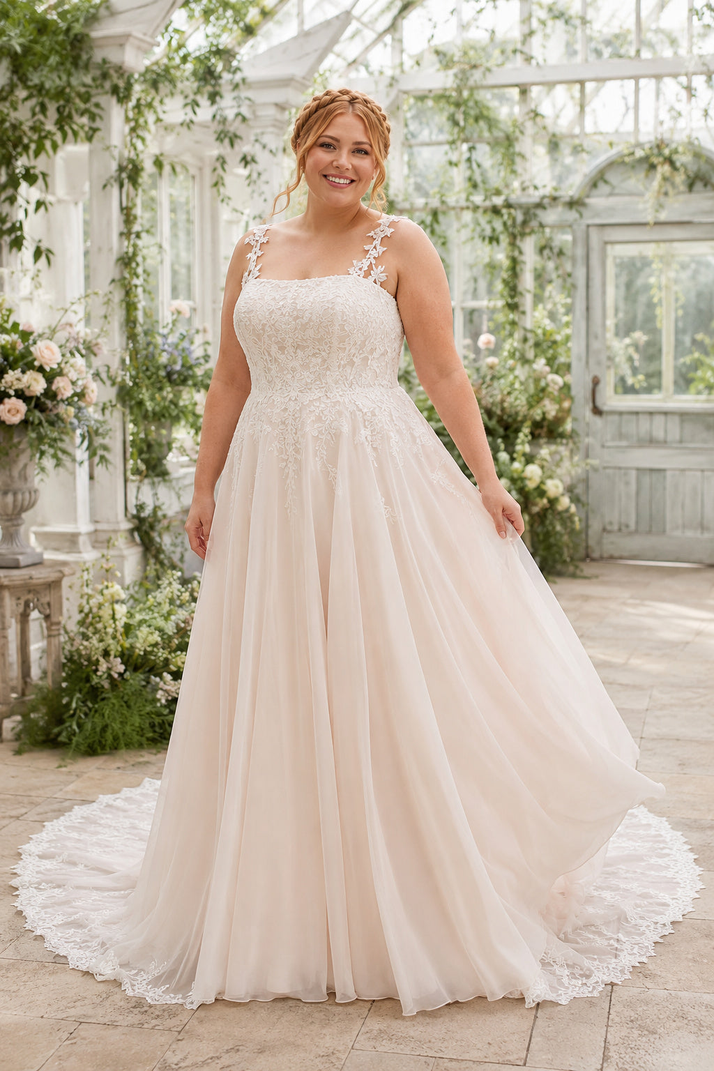 Ivory Plus Size Spaghetti Strap Lace A-Line Wedding Dress with Soft Tulle Skirt and Train front view