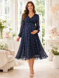 Dark Navy Printed Maternity V Neck Long Sleeve Chiffon Tea Length Evening Dress front view