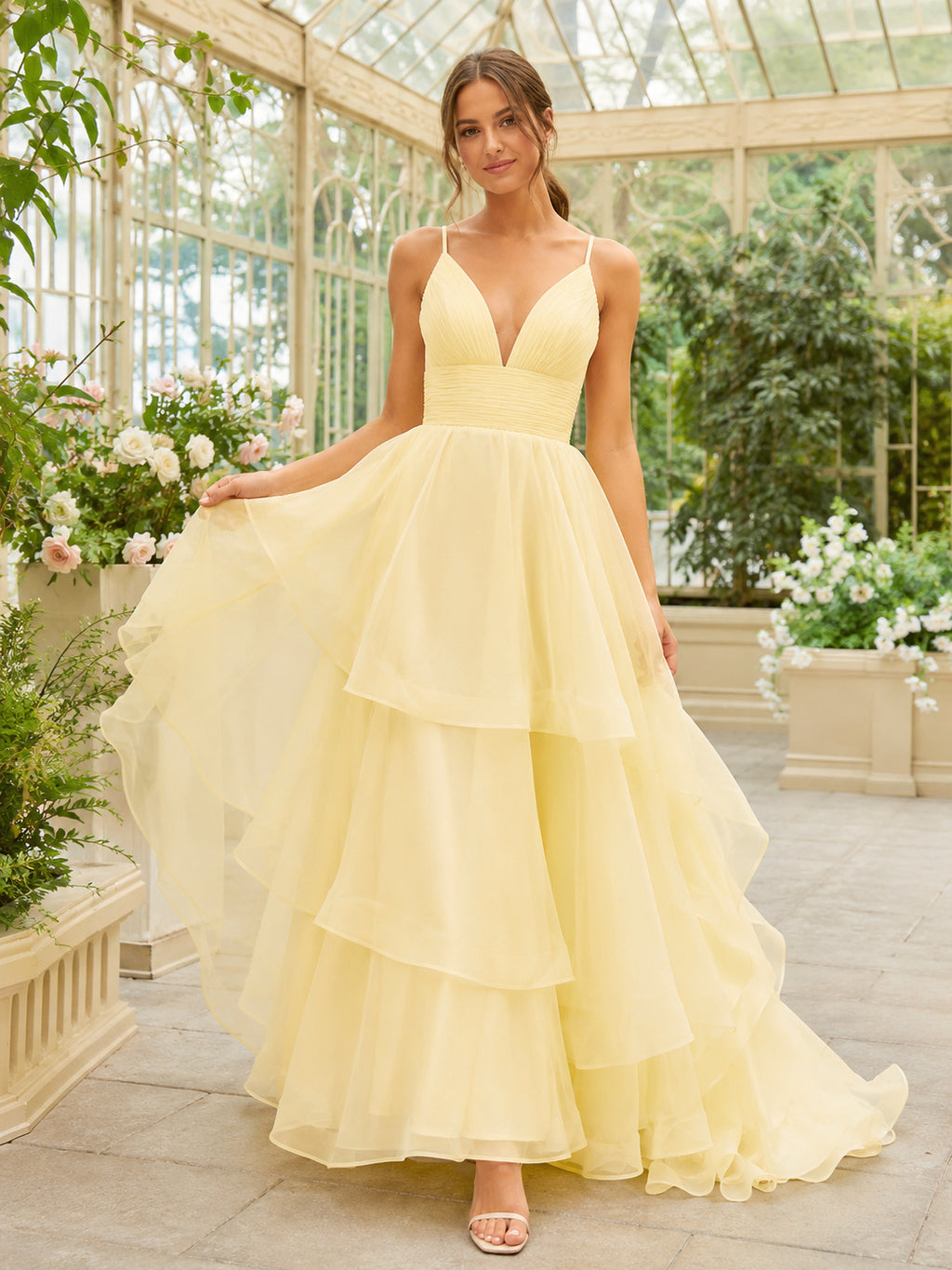 Daffodil Yellow Deep V-Neck Tiered Organza High Low A-Line Wedding Dress front view