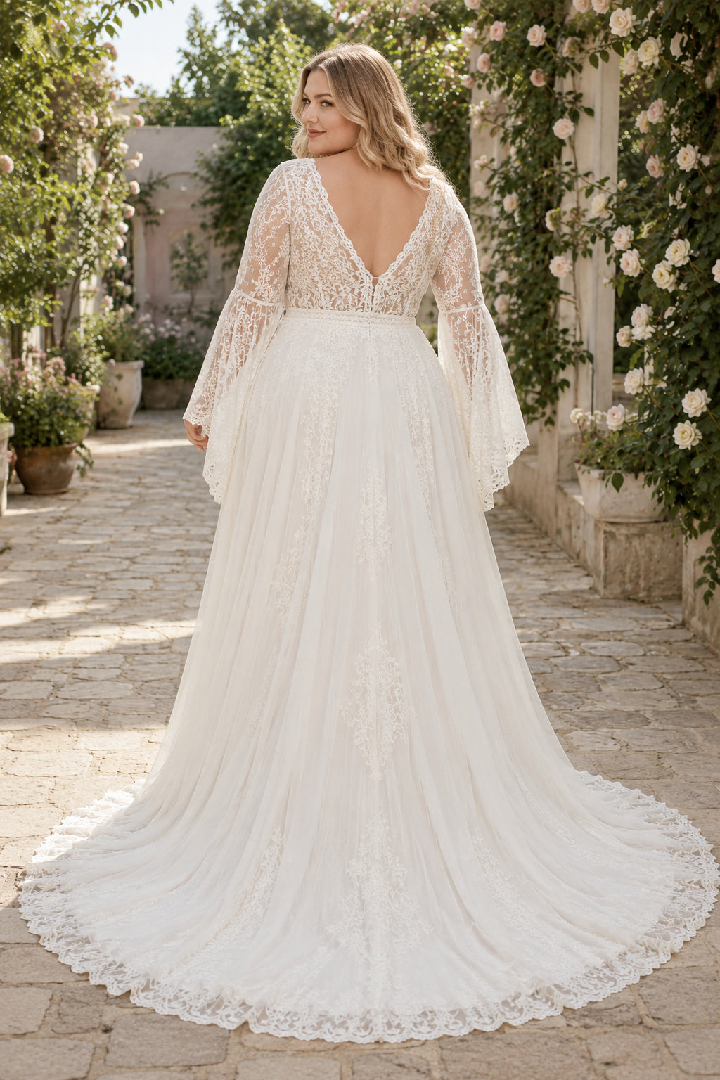 Plus Size Ivory V-Neck Bell Sleeve Lace Tulle A-Line Wedding Dress with Bell Sleeves and Lace Chapel Train back view