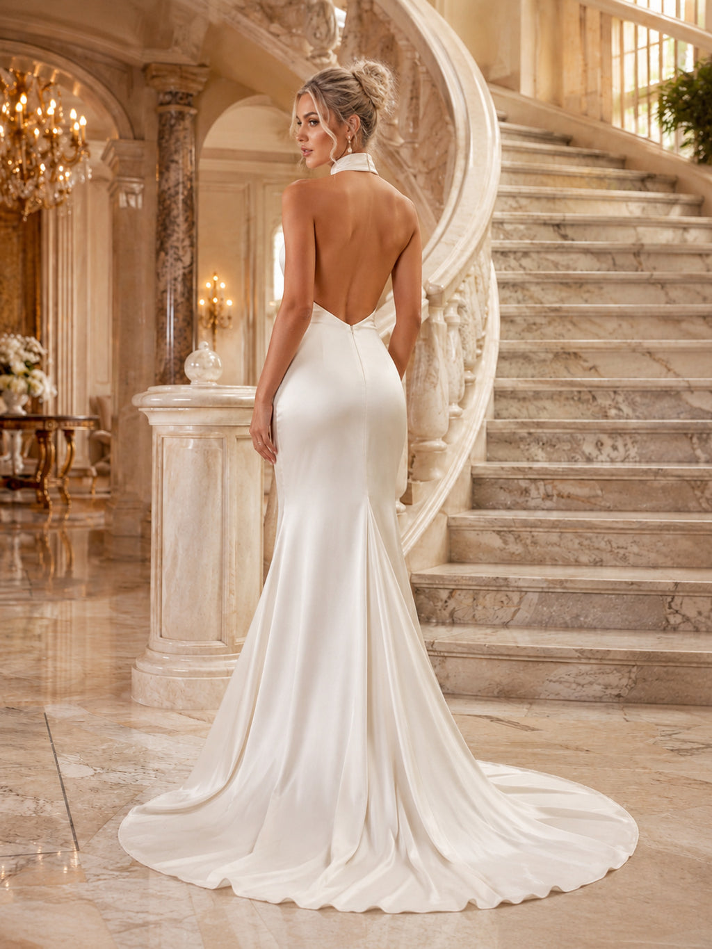 Minimalist Satin Wedding Dress Sheath Halter Sleeveless Sweep Train Bridal Gown back view