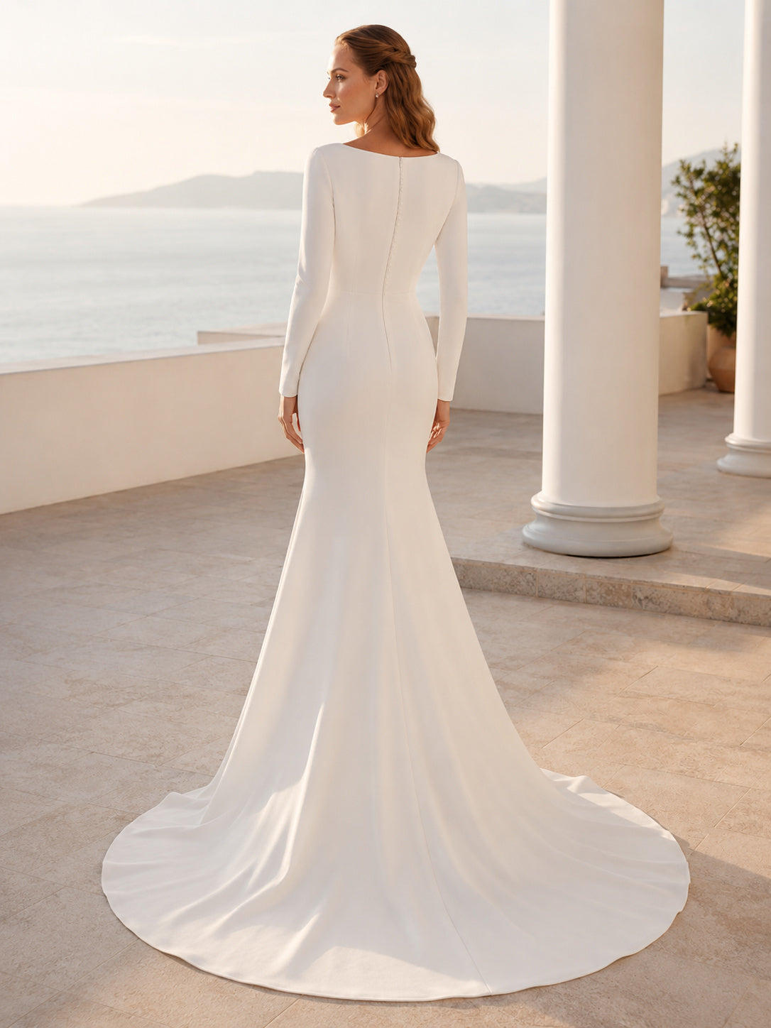Stretch Satin Wedding Dress Mermaid Bateau Neck Long Sleeve Chapel Train Bridal Gown Style 722824 back view