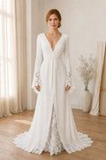 White V-neck Long Sleeves A-Line Lace, Chiffon Floor-length Wedding Dress With Lace and Front Slit and Open Back