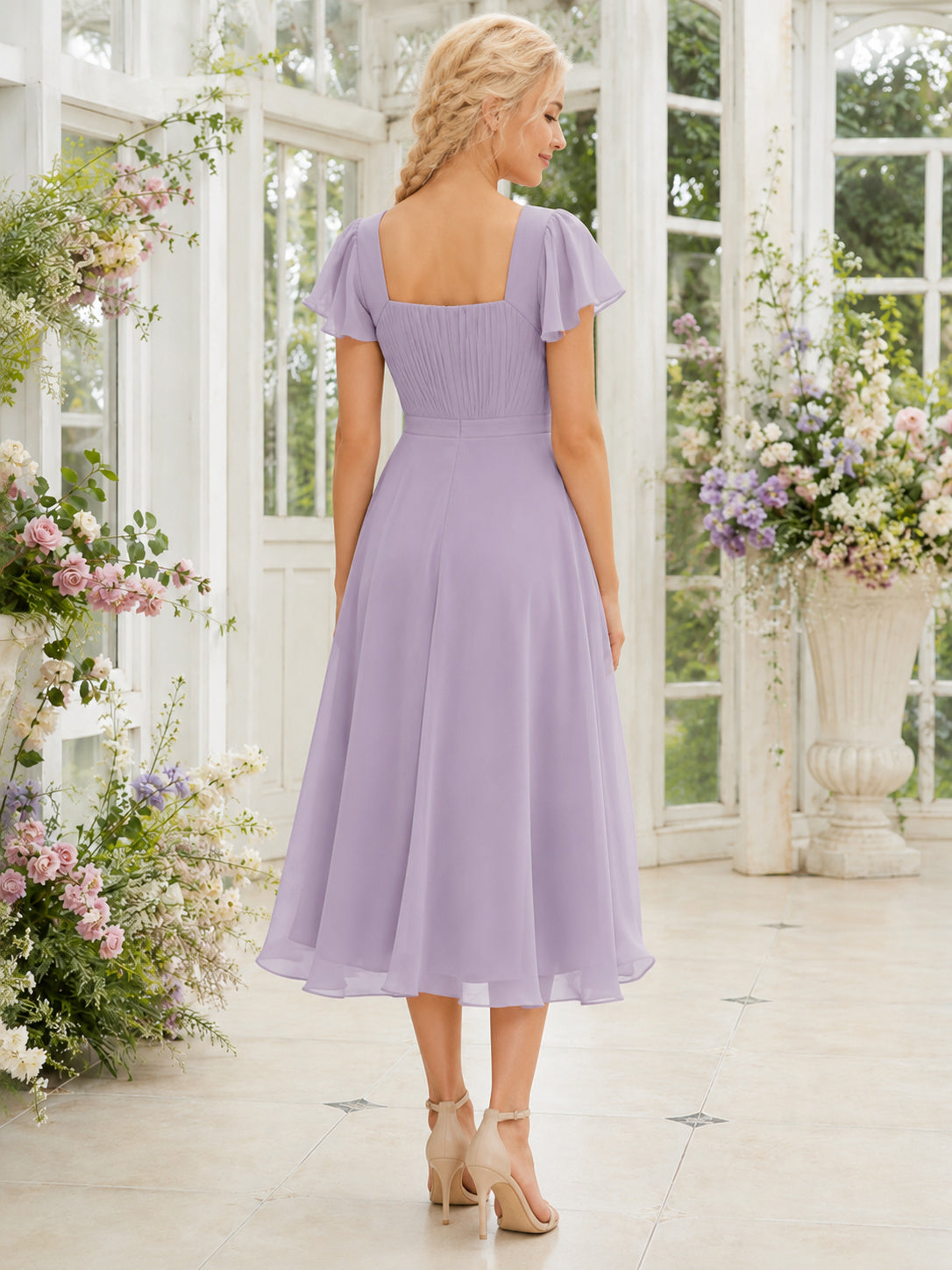 Lavender cap sleeve square neck chiffon tea length junior bridesmaid dress back view