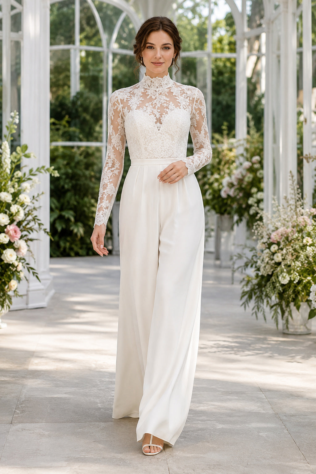 Long Sleeve Lace Illusion Bridal Jumpsuit with High Neck front view
