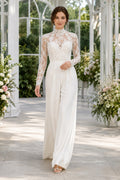 Long Sleeve Lace Illusion Bridal Jumpsuit with High Neck front view