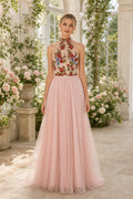 Blush High-Neck Sleeveless Two-Piece Tulle Floor-Length Dress With Floral Bodice