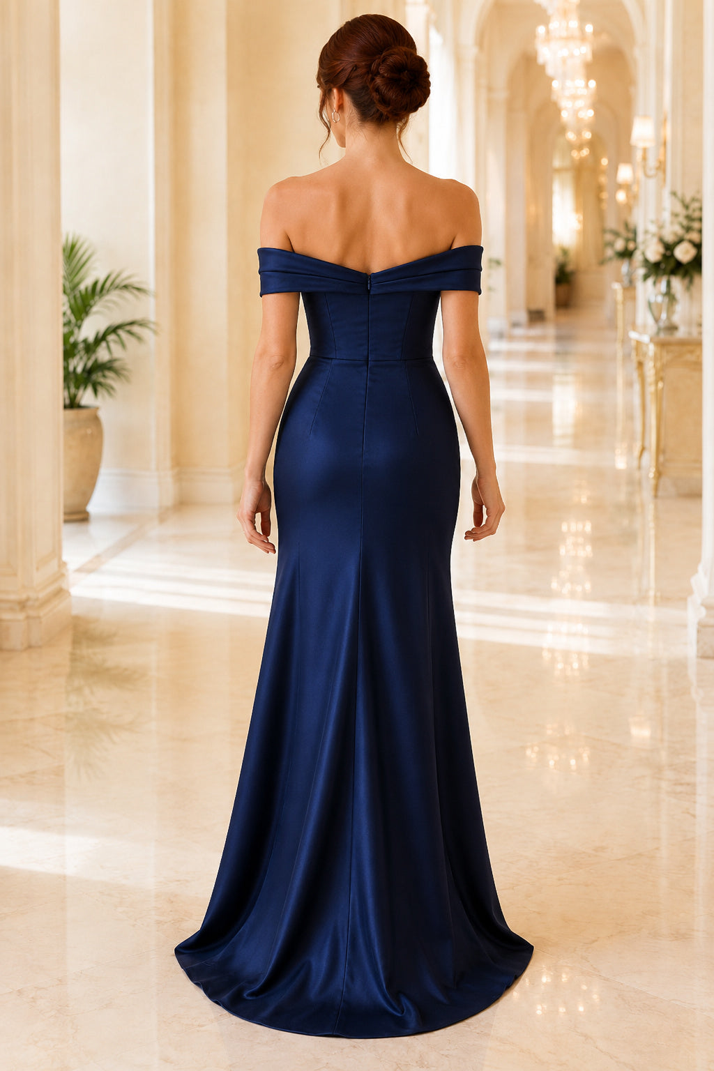 Dark Navy Off-the-Shoulder Satin Mermaid Evening Dress with Front Slit and Sweep Train back view