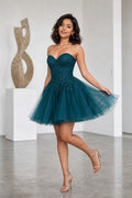 Teal Strapless Sweetheart Short Tulle Dress With Beaded Bodice