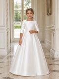 Ivory 3/4 Sleeve Bow Satin A-Line Flower Girl Dress with Floor-Length Skirt front view