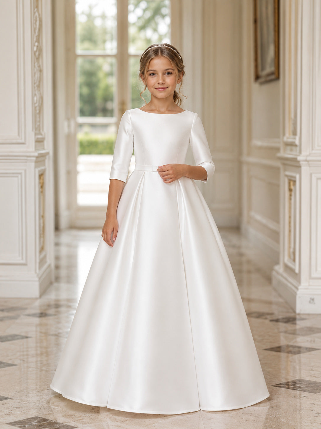 Ivory 3/4 Sleeve Bow Satin A-Line Flower Girl Dress with Floor-Length Skirt front view