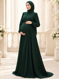 Dark Green Hijab Friendly Maternity High Neck Poet Sleeve Jersey Empire Gown front view