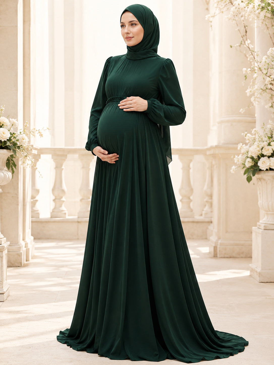 Dark Green Hijab Friendly Maternity High Neck Poet Sleeve Jersey Empire Gown front view