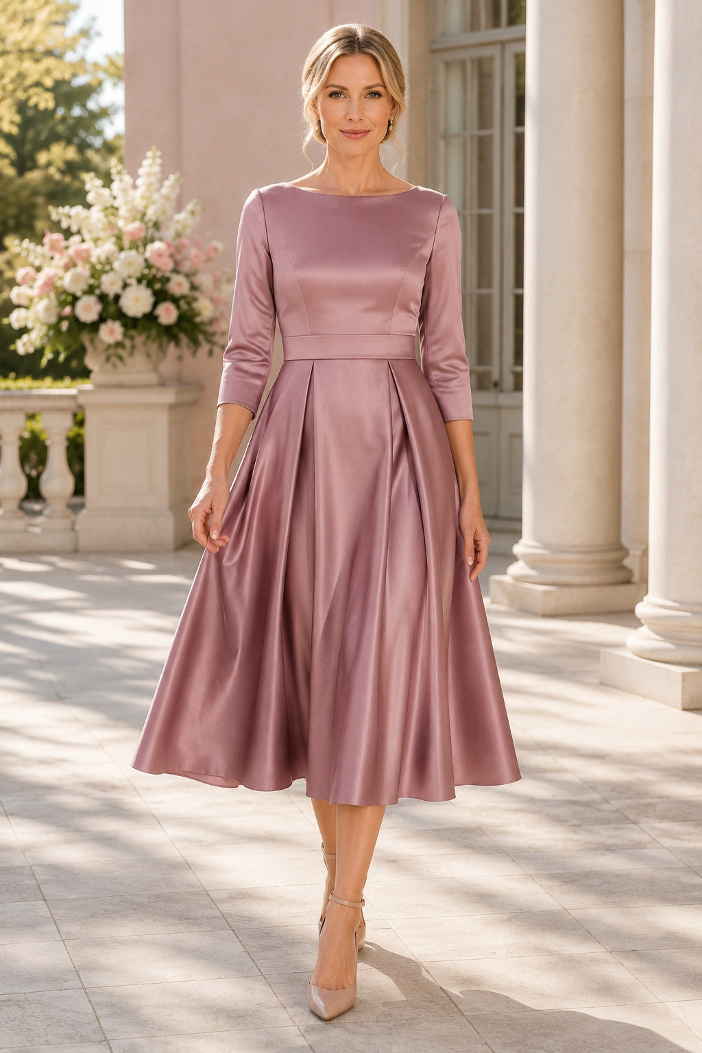 Sage Modest Wedding Guest Sheath Dress front view