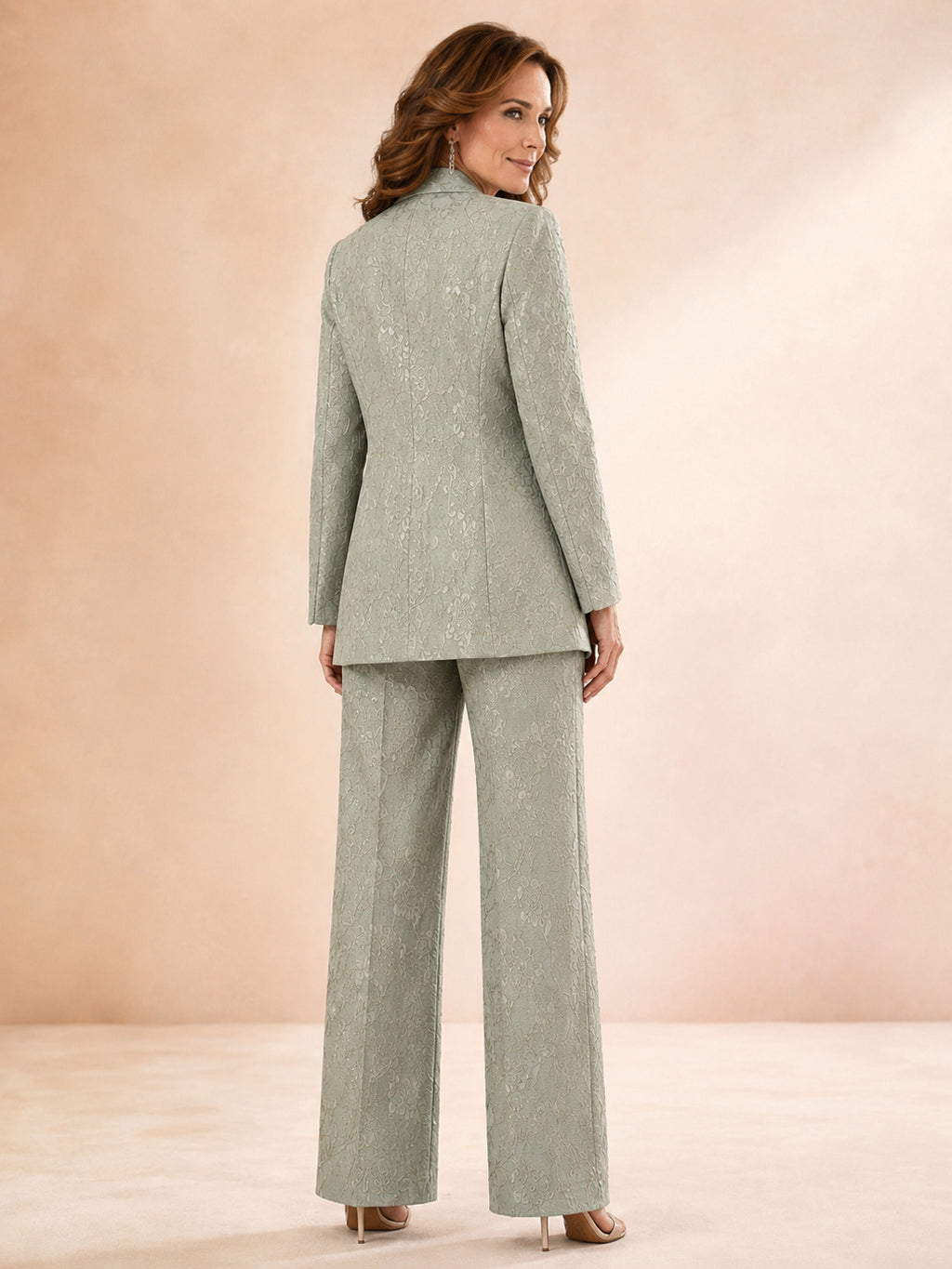 Sage Luxury Floor-Length Wide-Leg Mother of the Bride Metallic Jacquard Pantsuit with Long Floral Blazer and Cowl-Neck Shell