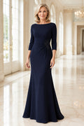 Plus Size Dark Navy Bateau Neck 3/4 Sleeve Sheath Mother Dress with Side Crystal Detail front view