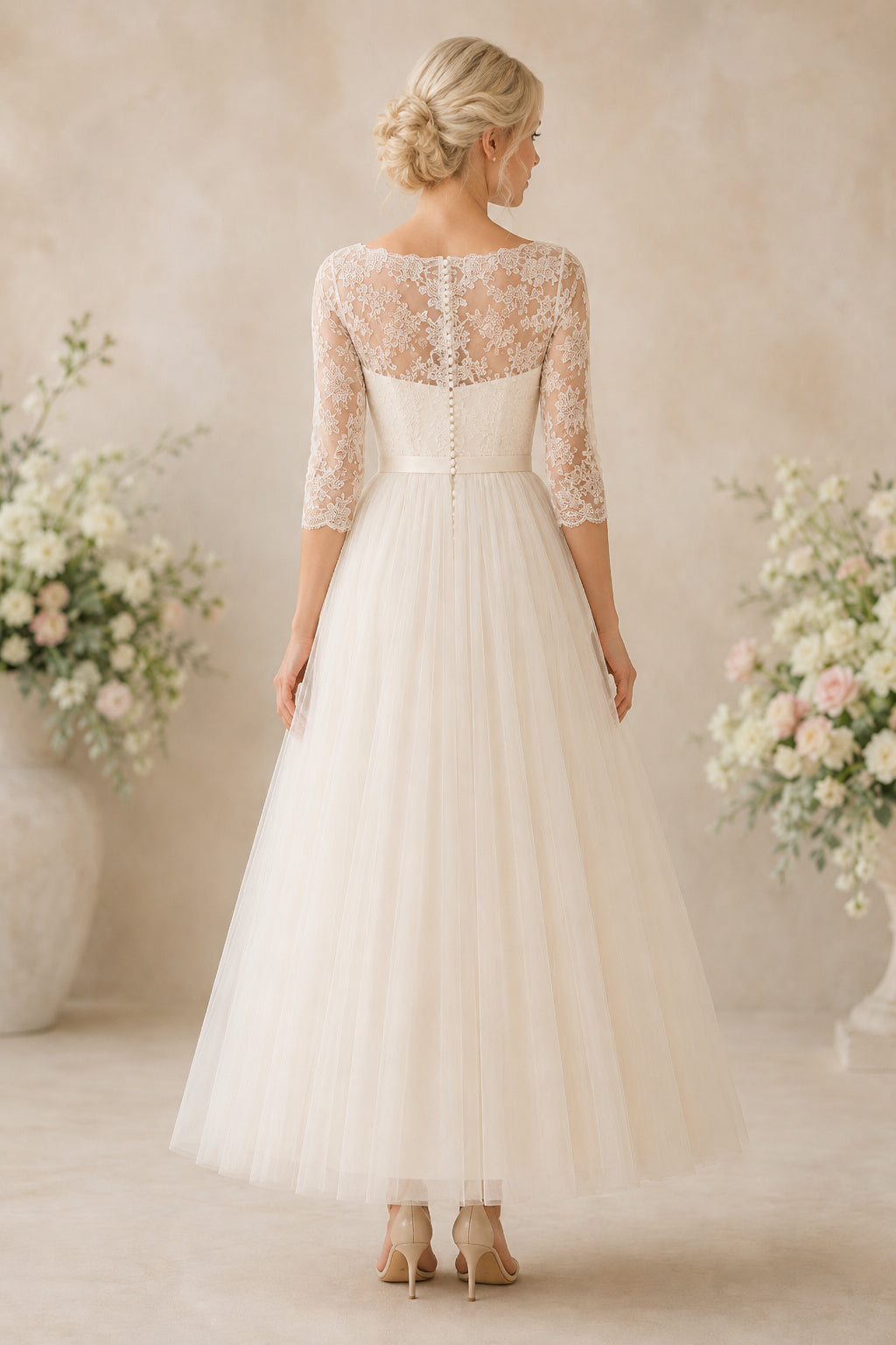 Ivory Long Sleeve Lace Tea-Length Wedding Dress with Full Tulle Skirt back view