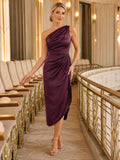 Plum one shoulder draped satin dance performance midi dress front view