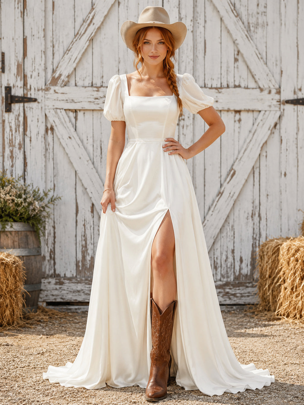 Country Simple Romantic Vintage A-Line Satin Chiffon Wedding Dress with Square Neck Puff Sleeves Short Sleeve Floor-Length Tr