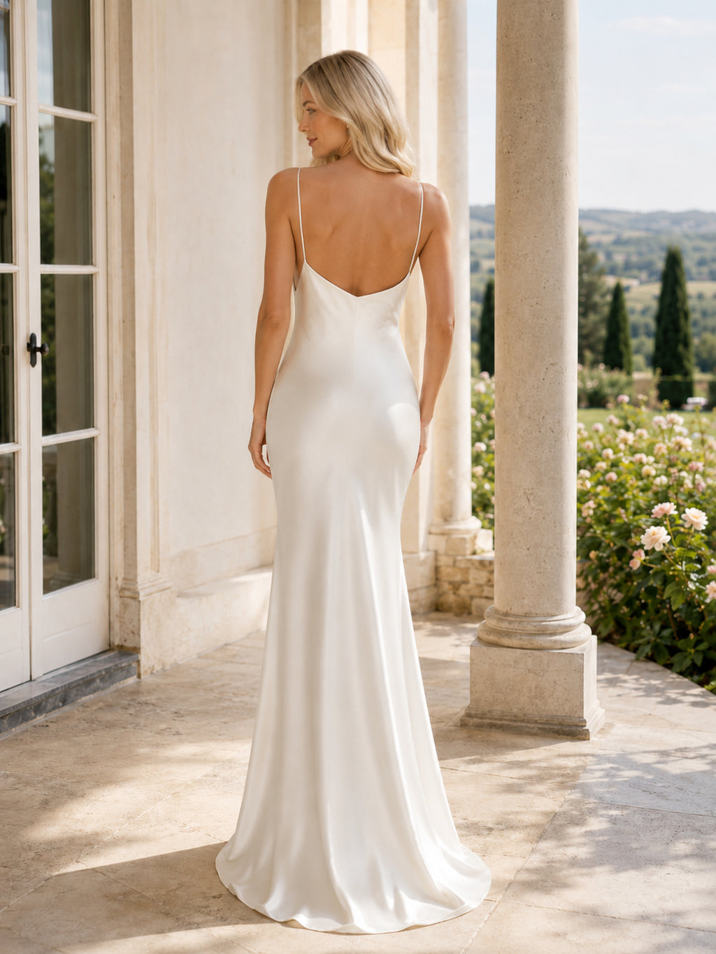 Simple Satin Wedding Dress Sheath Cowl Neck Spaghetti Strap Sleeveless Sweep Train Low V Back Bridal Gown back view