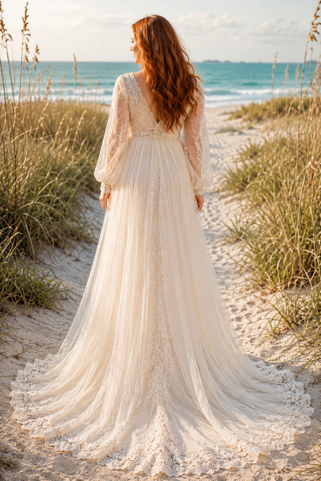 Ivory Long Sleeve Lace Maternity Beach Wedding Dress with V-Neck back view