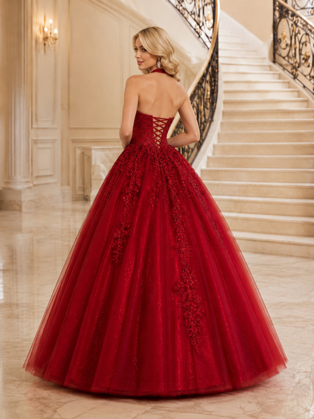 Red Luxury Halter V Neck Beaded Glitter Tulle Sweet Sixteen Princess Ball Gown back view