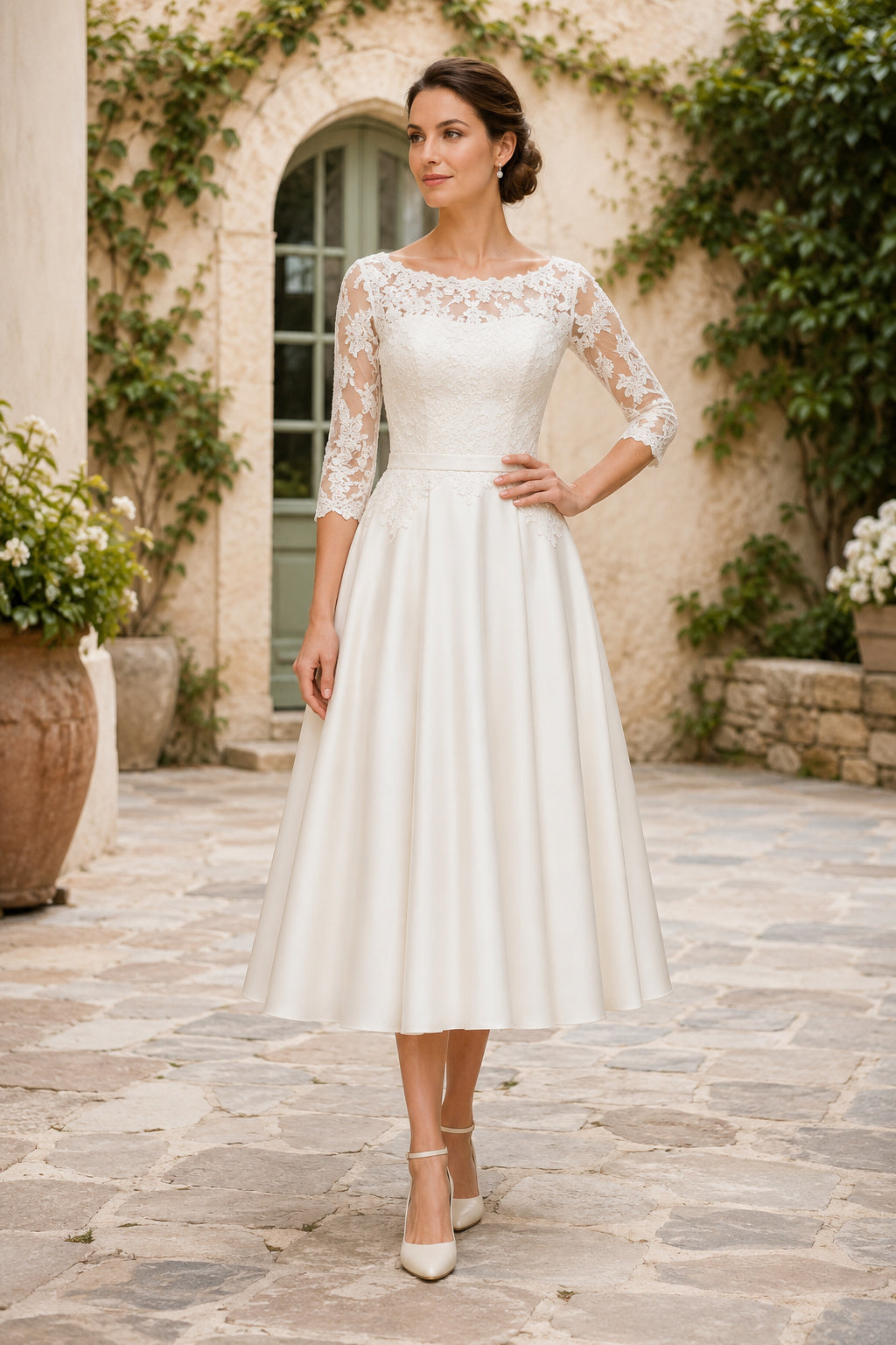 Ivory Illusion Bateau Neck Three-Quarter Sleeve Satin Lace Tea-Length Wedding Dress with Three-Quarter Lace Sleeves and Satin