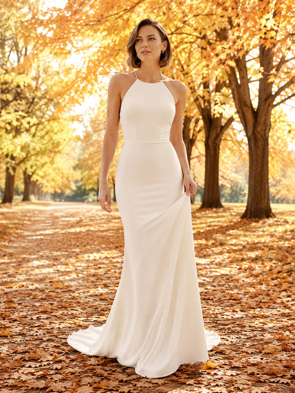 Simple Autumn Jewel Neck Crepe Sheath Wedding Dress front view
