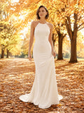 Simple Autumn Jewel Neck Crepe Sheath Wedding Dress front view