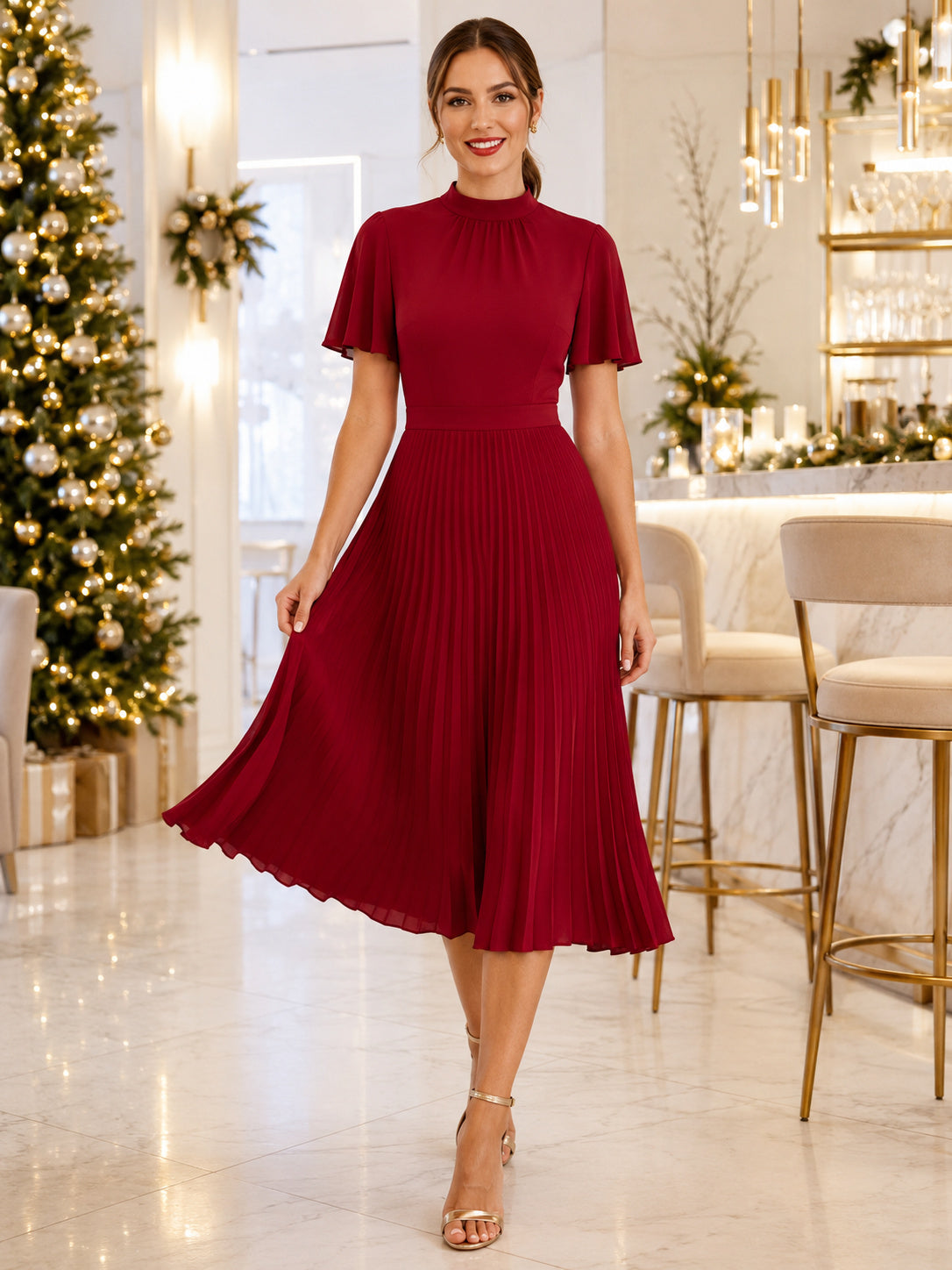 Red High Neck Flutter Short Sleeve Pleated Chiffon A-Line Tea Length Holiday Dress front view