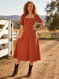 Terracotta square neck puff sleeve ranch wedding guest midi dress front view