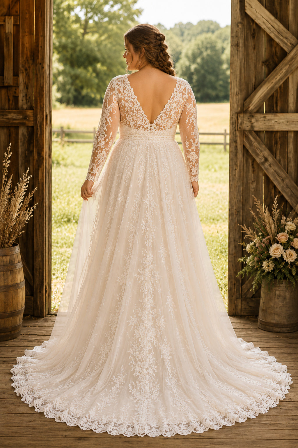 Plus Size Ivory V-Neck Long Illusion Sleeve Lace Tulle A-Line Wedding Dress with Long Illusion Sleeves and Lace Chapel Train