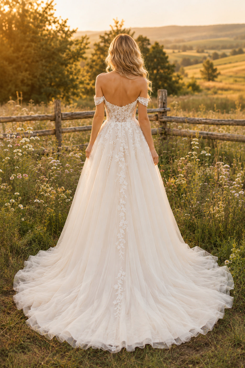 Off the Shoulder A-Line Wedding Dress with Lace Bodice and Soft Tulle Train for Rustic Garden Ceremony back view