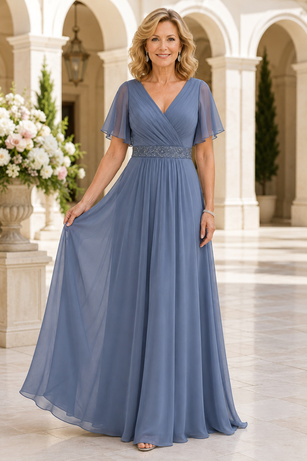 Steel Blue V-Neck Chiffon Mother Dress with Flutter Sleeves and Beaded Waist for Evening Reception Style MG_300460 front view