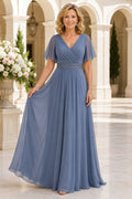 Steel Blue V-Neck Chiffon Mother Dress with Flutter Sleeves and Beaded Waist for Evening Reception Style MG_300460 front view
