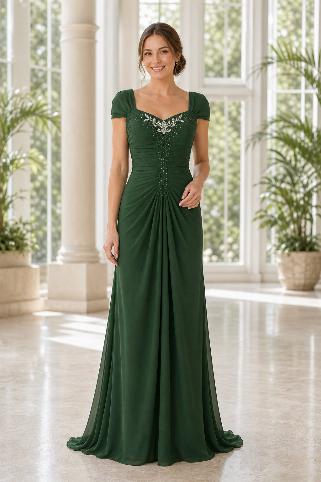 Emerald Bateau Short Sleeve Sheath Chiffon Floor-Length Dress With Lace Bodice