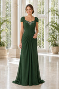 Emerald Bateau Short Sleeve Sheath Chiffon Floor-Length Dress With Lace Bodice