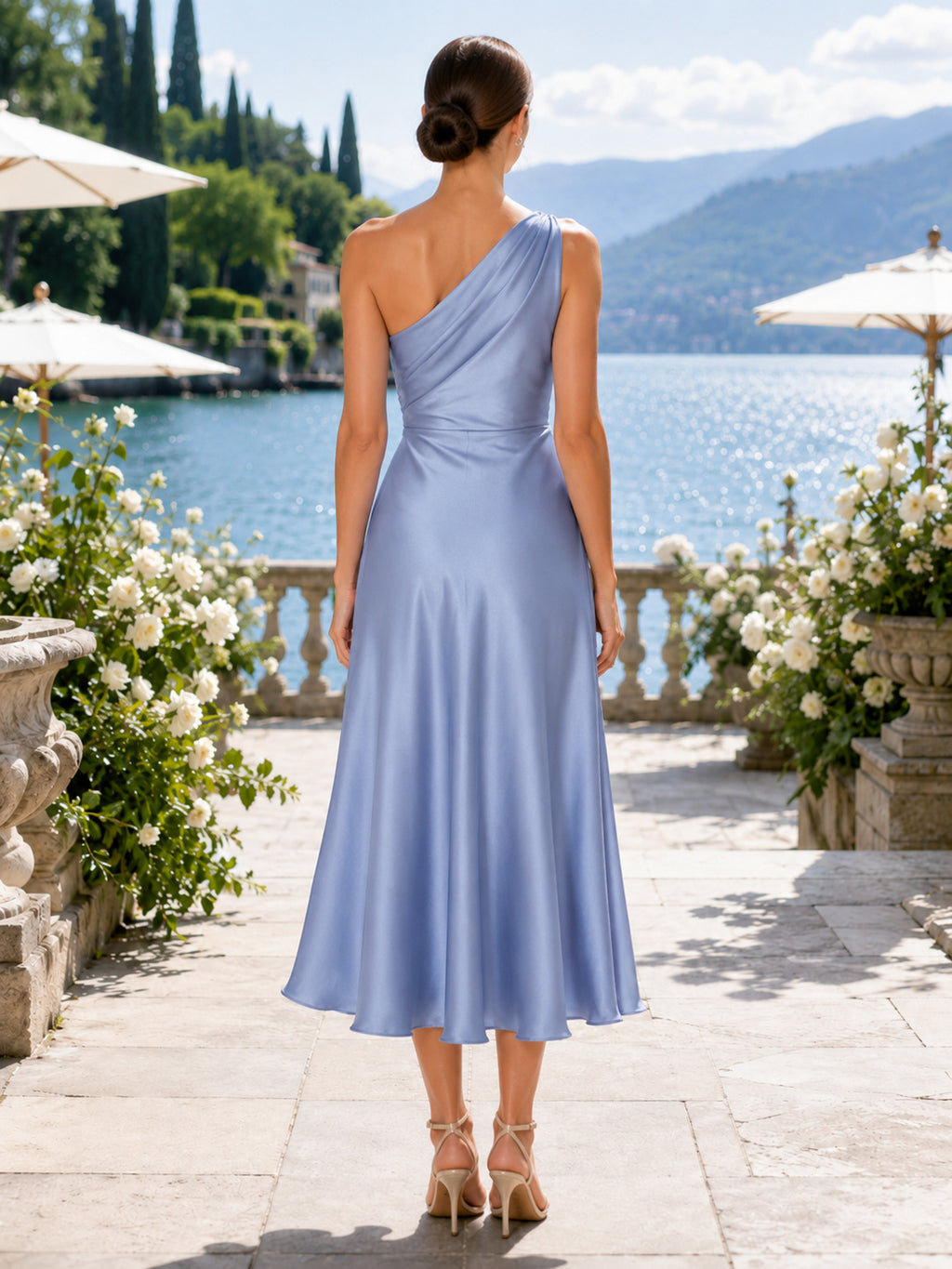 Lakeside Sky Blue One-Shoulder Satin Sheath Tea-Length Draped Guest Dress back view