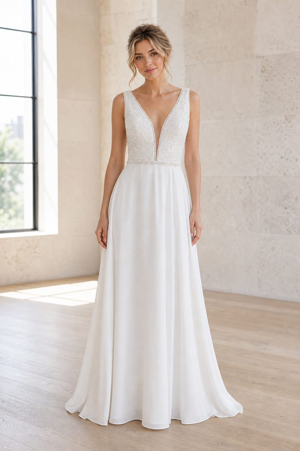White Sweetheart A-Line Chiffon Floor-length Wedding Dress With Pleated Skirt and Layered Skirt and Open Back