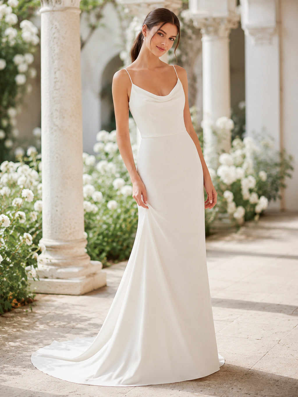 Simple Spaghetti Strap Low Back Crepe Sheath Bridal Gown front view