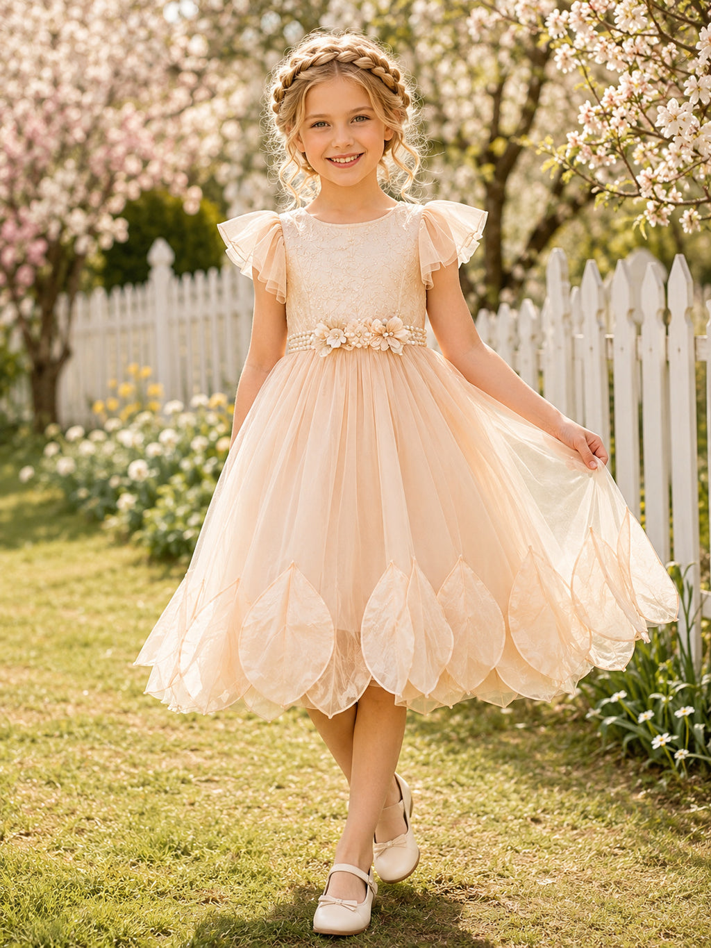 Champagne Petal Hem Flower Girl Dress with Flutter Sleeves, Tulle A-Line, Floral Waist Detail, and Tea-Length Skirt front vie