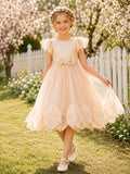 Champagne Petal Hem Flower Girl Dress with Flutter Sleeves, Tulle A-Line, Floral Waist Detail, and Tea-Length Skirt front vie