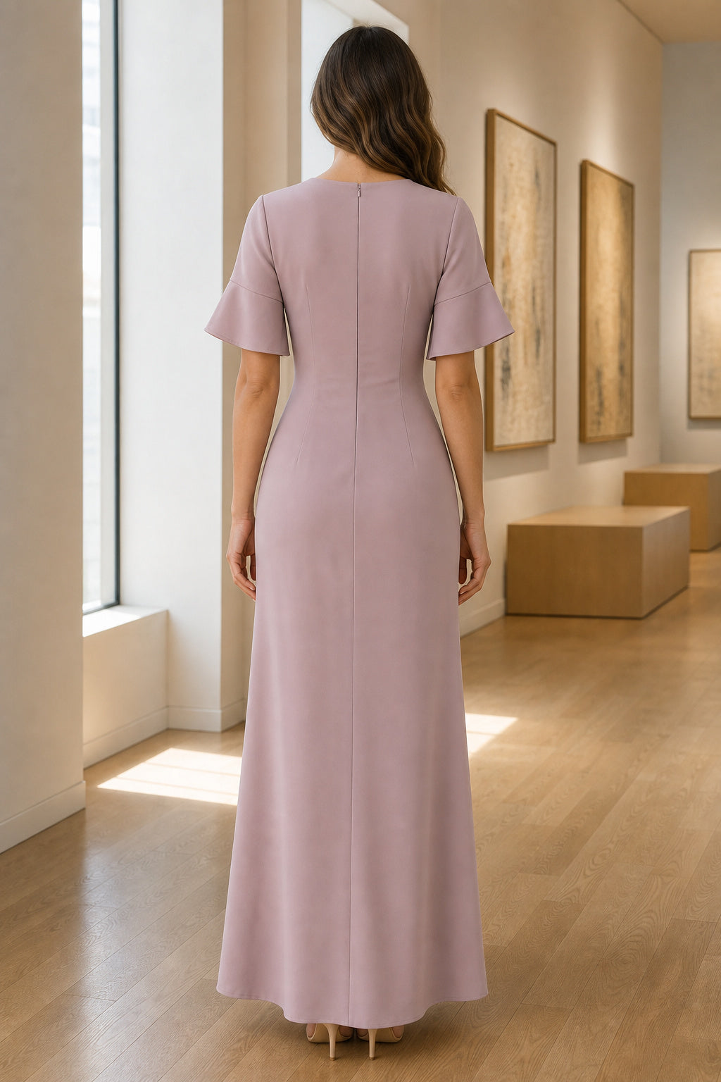 Dusty Rose Short Sleeve Sheath Jersey Floor-Length Dress With Simple Back