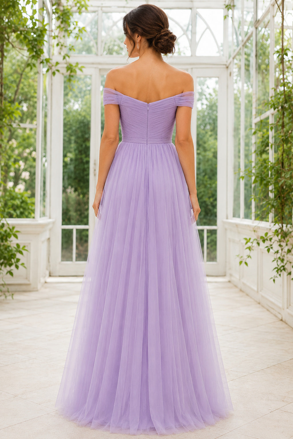 Lavender Off-the-Shoulder Tulle A-Line Bridesmaid Dress with Sweetheart Neck and Soft Skirt back view