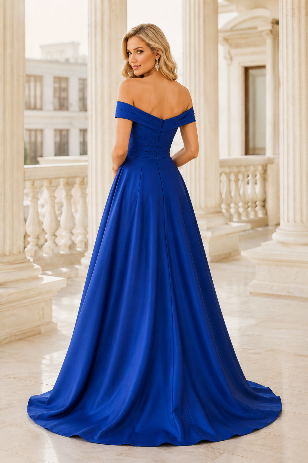 Royal Blue off the shoulder satin A line gown with sweetheart neckline and full skirt Floor-length And Sweep/Brush Train A-Li