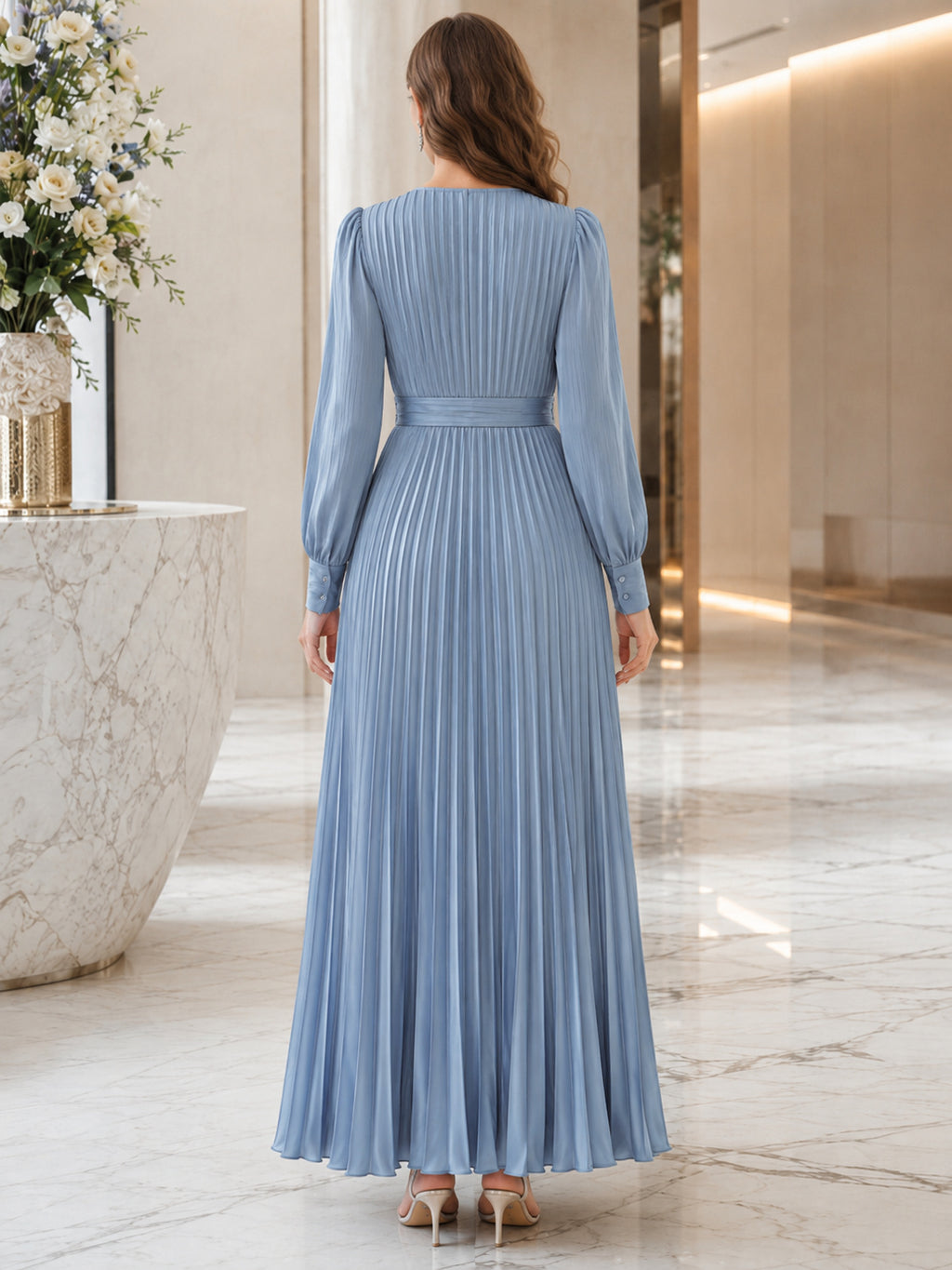 Steel Blue V Neck Long Poet Sleeve Chiffon Floor Guest Dress back view