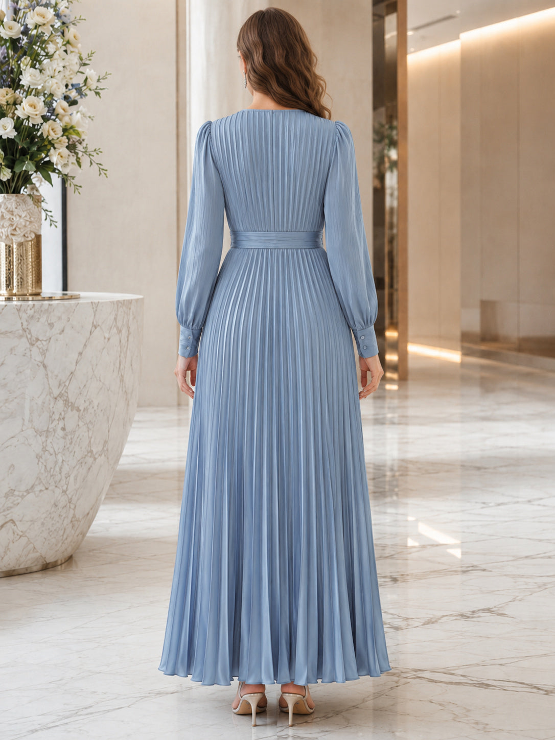 Steel Blue V Neck Long Poet Sleeve Chiffon Floor Guest Dress back view
