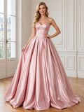 Luxury Dusty Rose Satin Prom Ball Gown Floor Length Strapless Corset Dress front view